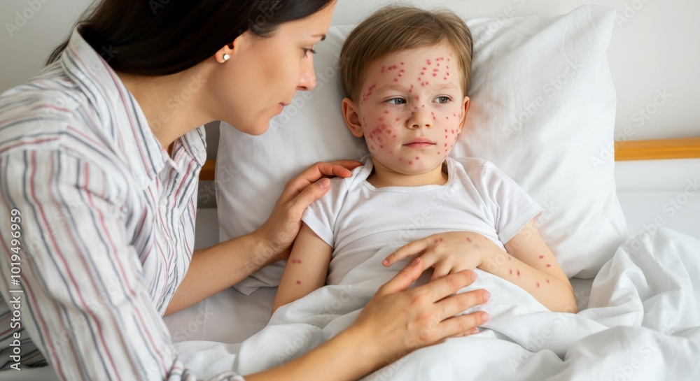 Loving mother comforting sick child in bed Loving mother comforting sick child in bed
