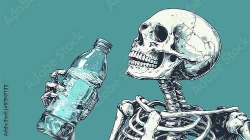 skeleton holding water bottle, showcasing humorous take on hydration. vibrant background adds playful touch to scene