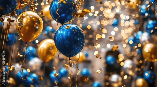 A festive backdrop featuring blue and gold balloons, cascading confetti, and swirling ribbons for a joyful party scene.