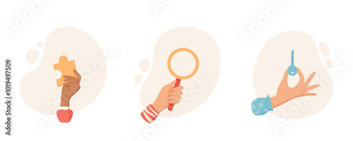 Hand gesture hold key, puzzle piece, and magnifying glass. Symbol of search and teamwork in flat illustration. Ideal for educational or problem themes in isolated graphic set.