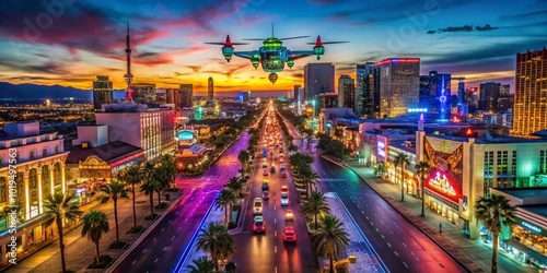 Vibrant Neon Cartel Sign Illuminating the Night in a Lively Las Vegas Street Scene