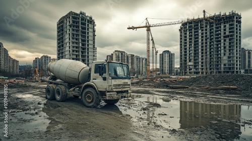 Construction site with a cement truck and high-rise buildings under development. photo