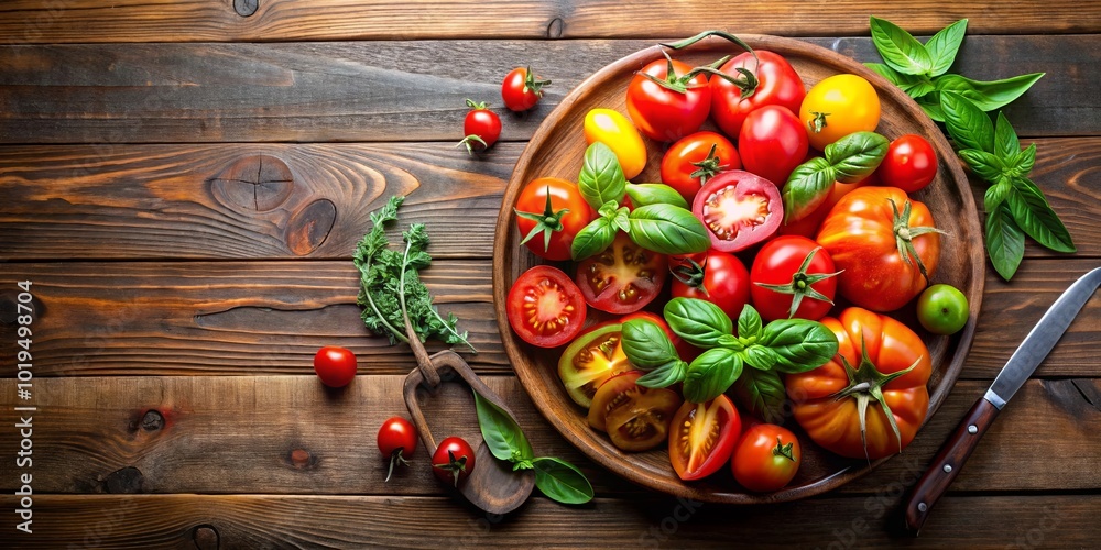 A Rustic Wooden Table Displayed With a Wooden Bowl Filled With Vibrant Red and Yellow Tomatoes, Delicate Green Basil Leaves, and a Knife Beside It. A Rustic Wooden Table Displayed With a Wooden Bowl Filled With Vibrant Red and Yellow Tomatoes, Delicate Green Basil Leaves, and a Knife Beside It.
