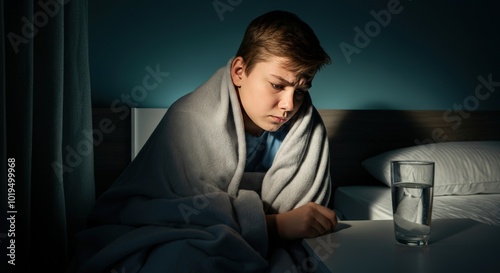 Sad Teenager Under Blanket in Bed with Glass of Water