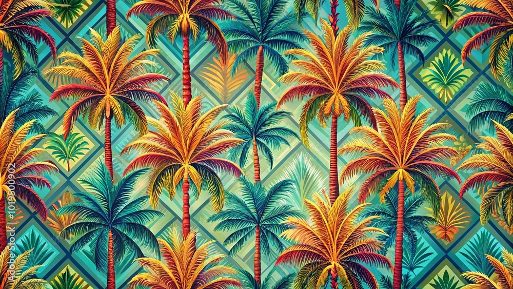 A vibrant tropical paradise with lush palm trees silhouetted against a backdrop of geometric patterns in shades of turquoise and green. A vibrant tropical paradise with lush palm trees silhouetted against a backdrop of geometric patterns in shades of turquoise and green.