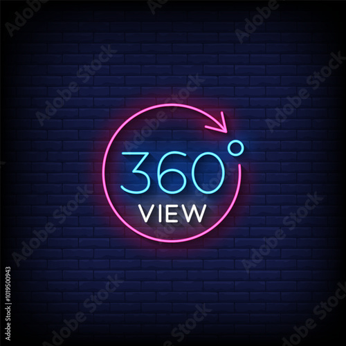 360 view neon sign vector with brick wall background 