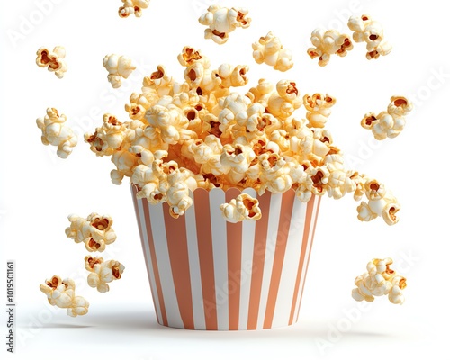 Freshly popped popcorn in a striped bucket, white isolate background