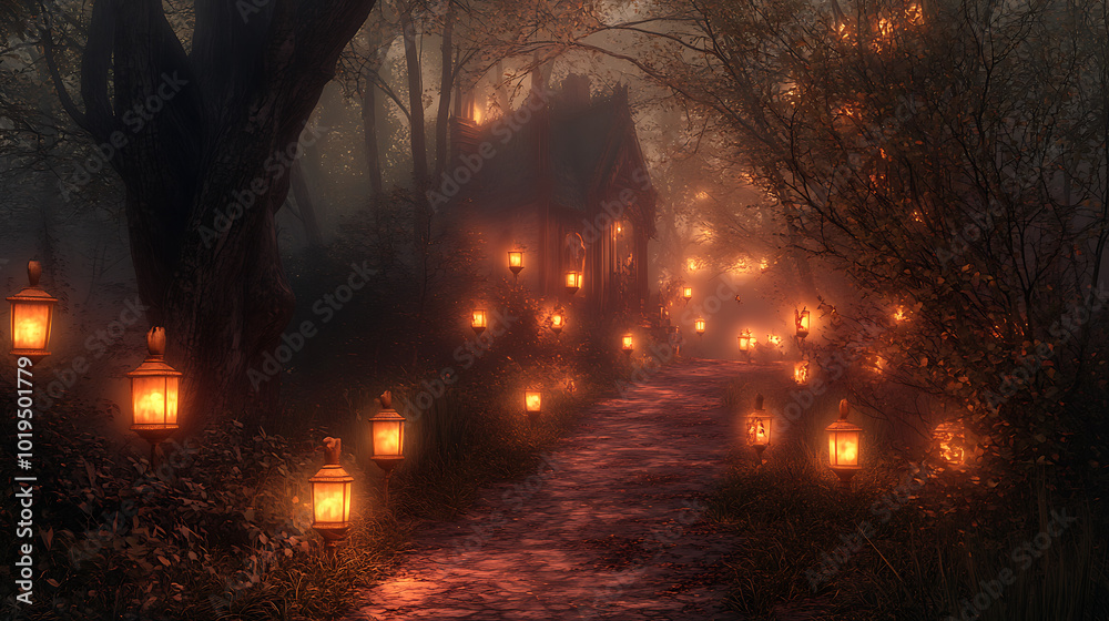 Obraz premium An enchanting forest path leading to a haunted house, lined with softly glowing lanterns that illuminate the way with a warm hue