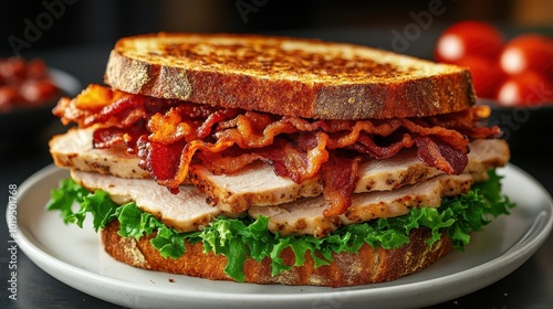 a hearty turkey sandwich layered with crispy bacon and fresh lettuce presented on a white plate showcasing culinary delight and appetizing presentation for food lovers