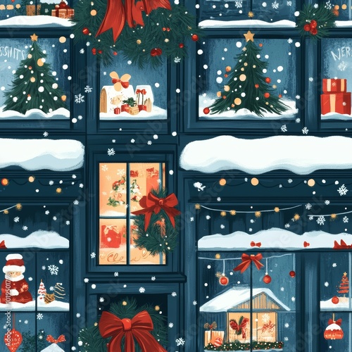 Festive Winter Windows with Christmas Decorations and Snow