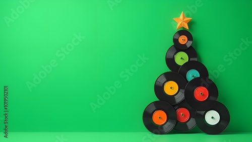 Christmas tree made of vinyl records arranged on a green background with a yellow star on top, featuring bright colored labels, minimalistic style, and empty space on the left photo