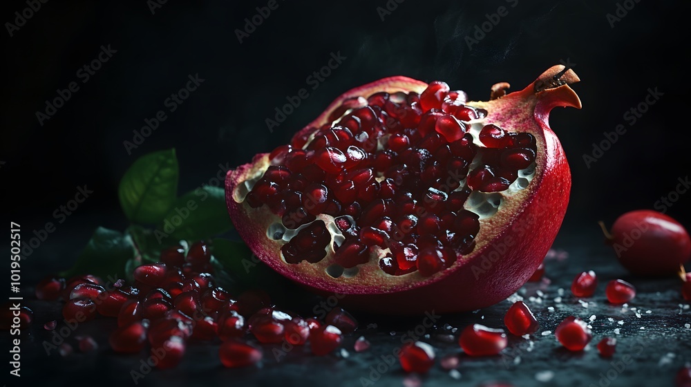 8. A pile of pomegranate seeds spilling out of a halved fruit 8. A pile of pomegranate seeds spilling out of a halved fruit