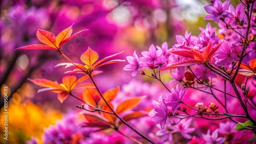 Vibrant Purple Leaves with Delicate Pink Flowers Creating a Stunning Nature Composition in Spring