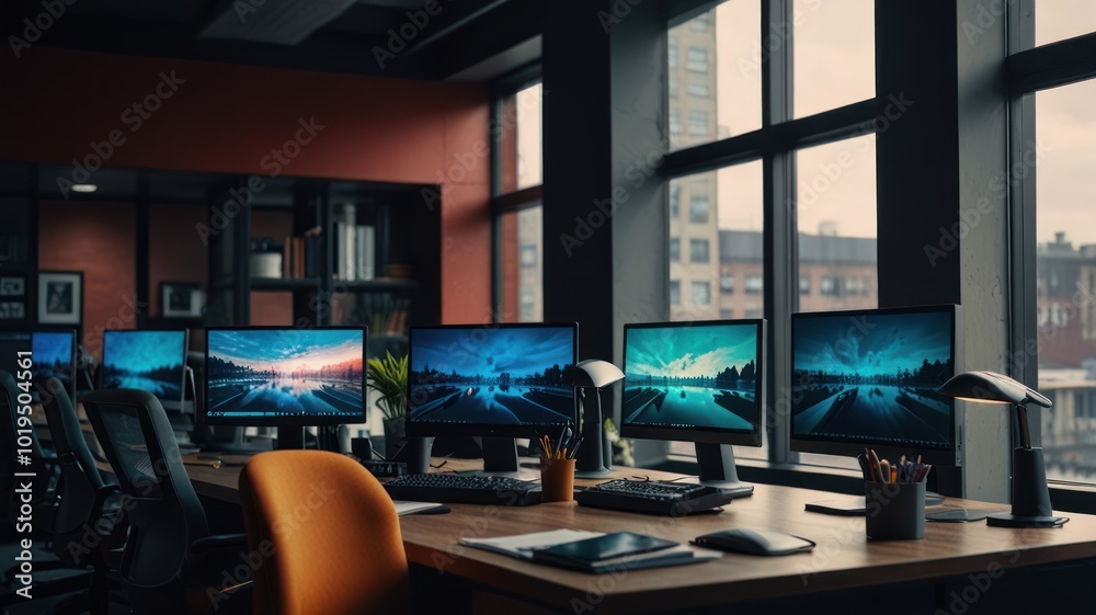 A modern office workspace with five computers, an orange chair, a wooden desk, and a large window overlooking a cityscape. A modern office workspace with five computers, an orange chair, a wooden desk, and a large window overlooking a cityscape.