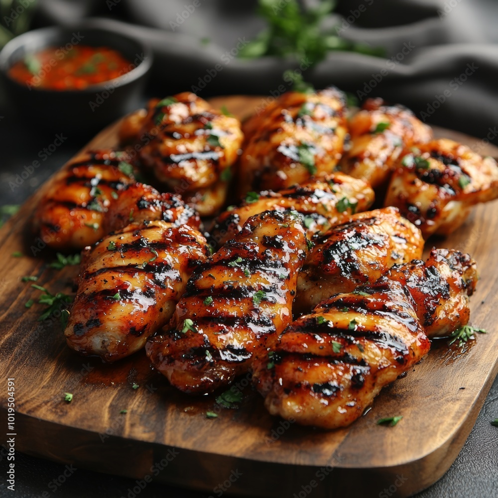 Grilled Chicken Wings with Parsley on Wooden Board BBQ Food Photography Grilled Chicken Wings with Parsley on Wooden Board BBQ Food Photography