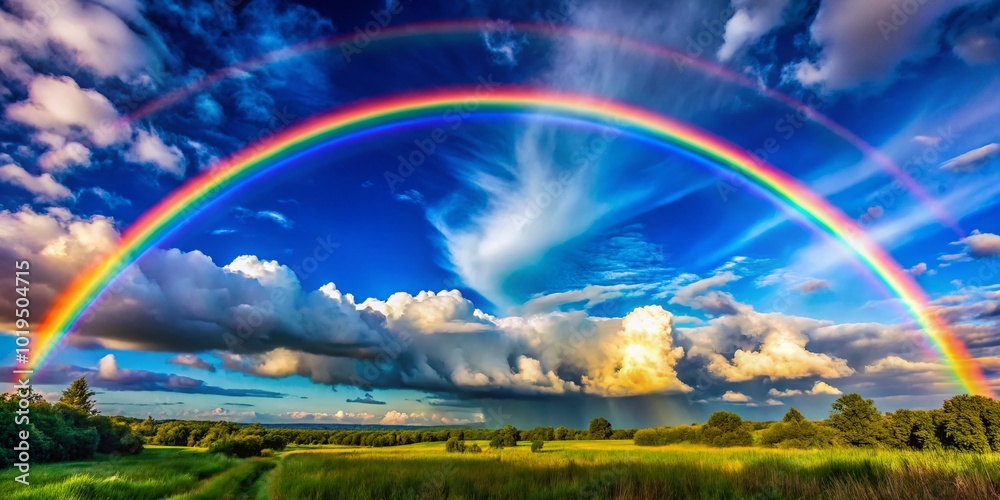 Obraz premium Vibrant Rainbow Arching Across a Clear Blue Sky After Rain, Nature's Colorful Display of Beauty