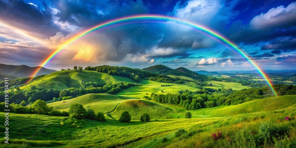 Obraz premium Vibrant Rainbow Arcing Over Lush Green Hills Under a Clear Blue Sky in a Serene Landscape Scene
