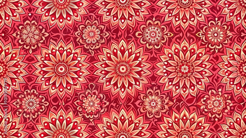 Intricate Floral Tapestry with a Vibrant Red and Yellow Color Palette, Featuring a Repeating Pattern of Elaborate Flower Motifs