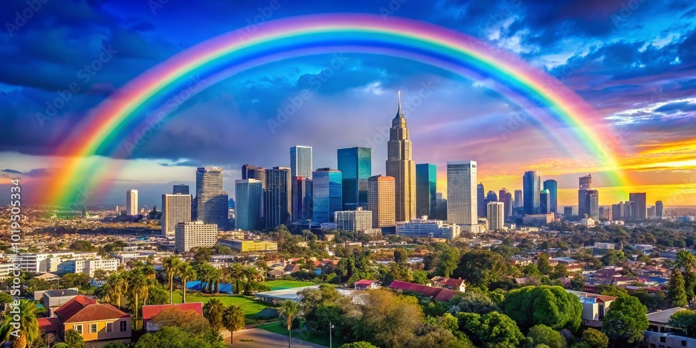 Obraz premium Vibrant Rainbow Over Los Angeles Skyline with Clear Blue Skies and Urban Landscape in the Background
