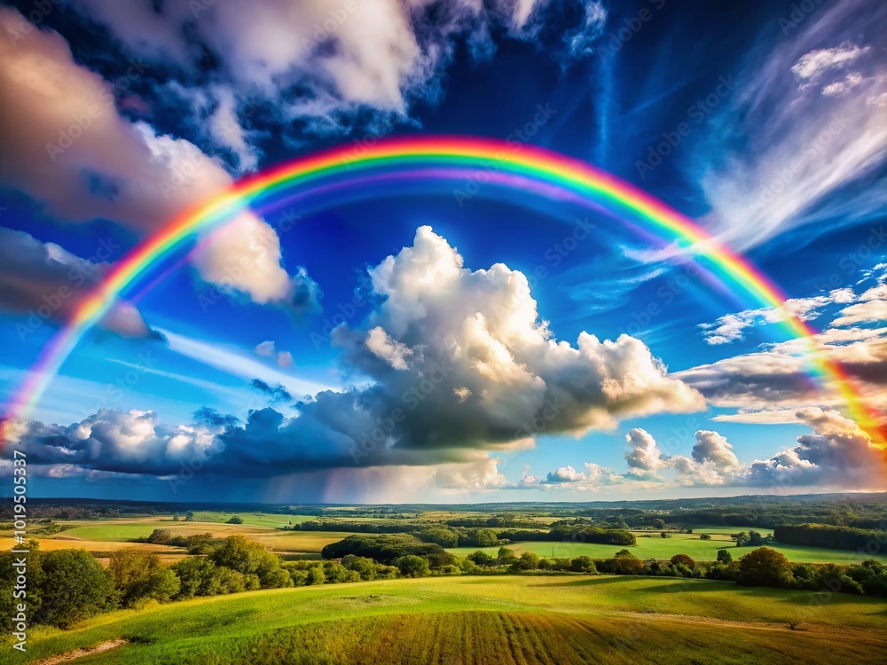 Vibrant Rainbow Painting Against a Bright Blue Sky with Soft Clouds and a Serene Landscape Below