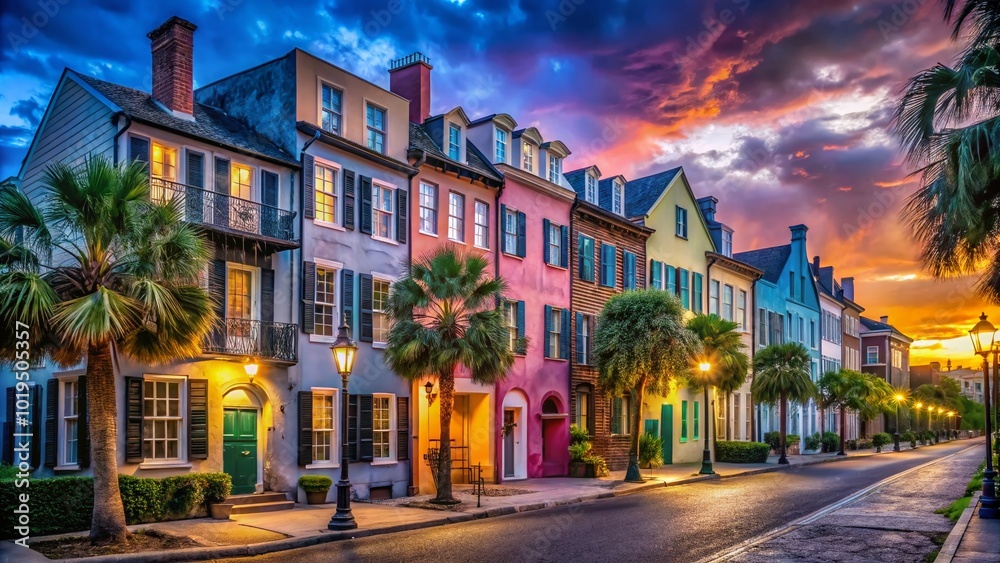 Naklejka premium Vibrant Rainbow Row Painting of Historic Charleston Homes with Colorful Exteriors and Southern Charm