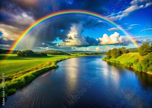 Vibrant Rainbows Arcing Across Clear Blue Skies Over Lush Green Landscapes and Serene Waterscapes