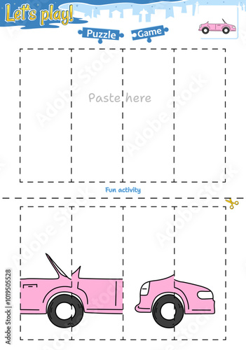 Lets play cut and paste puzzle game with transportation theme of Convertible car