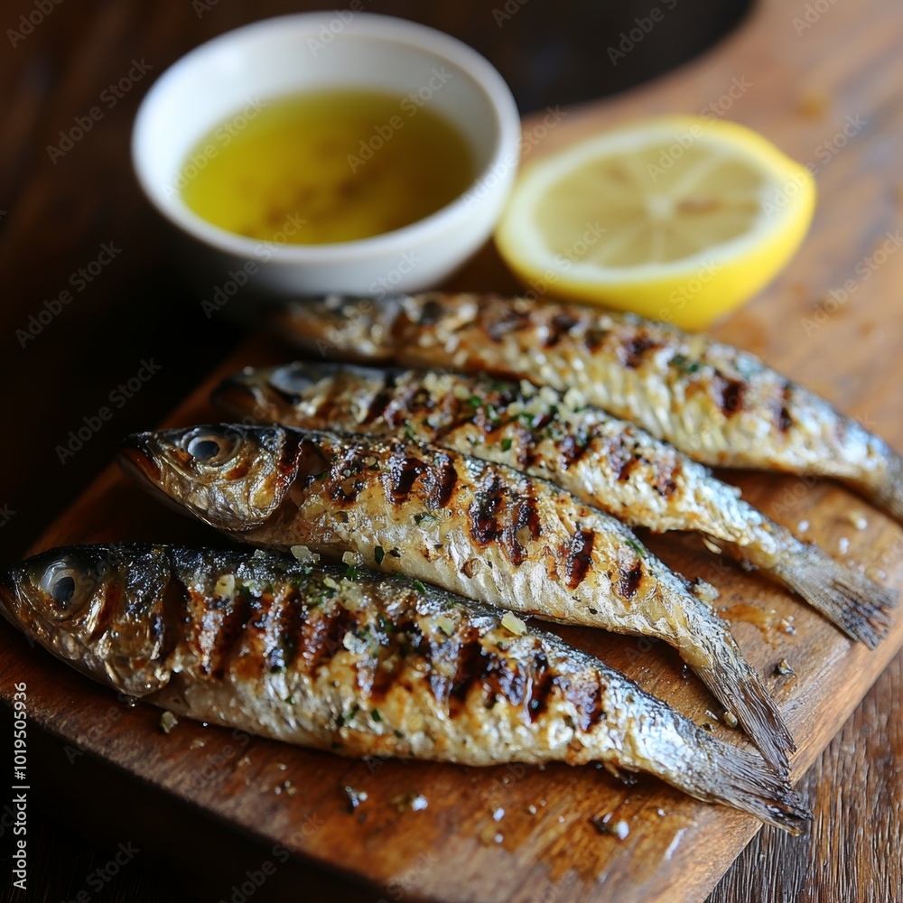 Grilled Sardines with Lemon and Olive Oil on Wooden Cutting Board Grilled Sardines with Lemon and Olive Oil on Wooden Cutting Board
