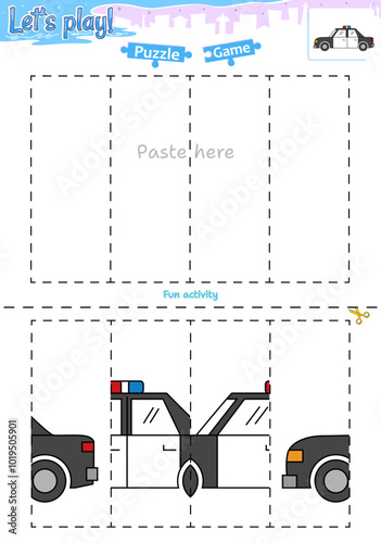 Lets play cut and paste puzzle game with transportation theme of police car 1