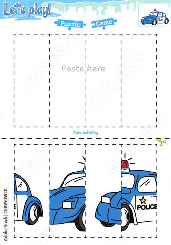 Lets play cut and paste puzzle game with transportation theme of Police car 3