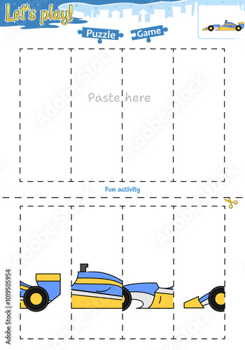 Lets play cut and paste puzzle game with transportation theme of formula 1 photo