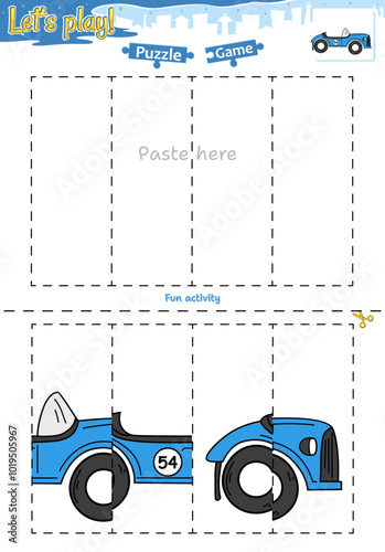 Lets play cut and paste puzzle game with transportation theme of Racing car