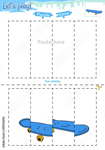 Lets play cut and paste puzzle game with transportation theme of skateboard