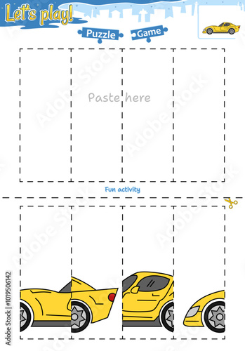 Lets play cut and paste puzzle game with transportation theme of Sport car 3