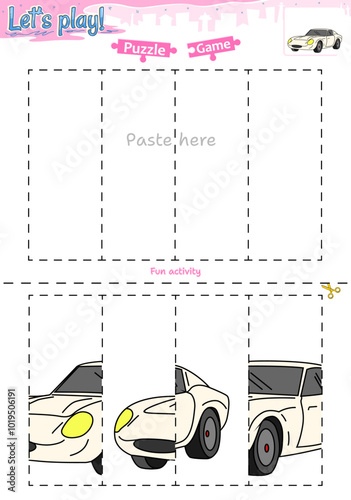 Lets play cut and paste puzzle game with transportation theme of Sport car beauty