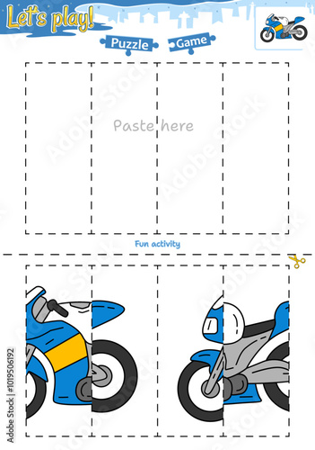 Lets play cut and paste puzzle game with transportation theme of supersport motorcycle