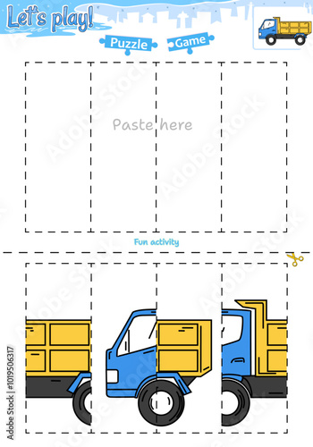 Lets play cut and paste puzzle game with transportation theme of truck