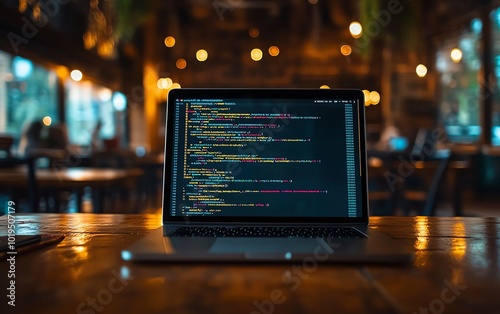 Laptop displaying code in a cozy cafe setting.