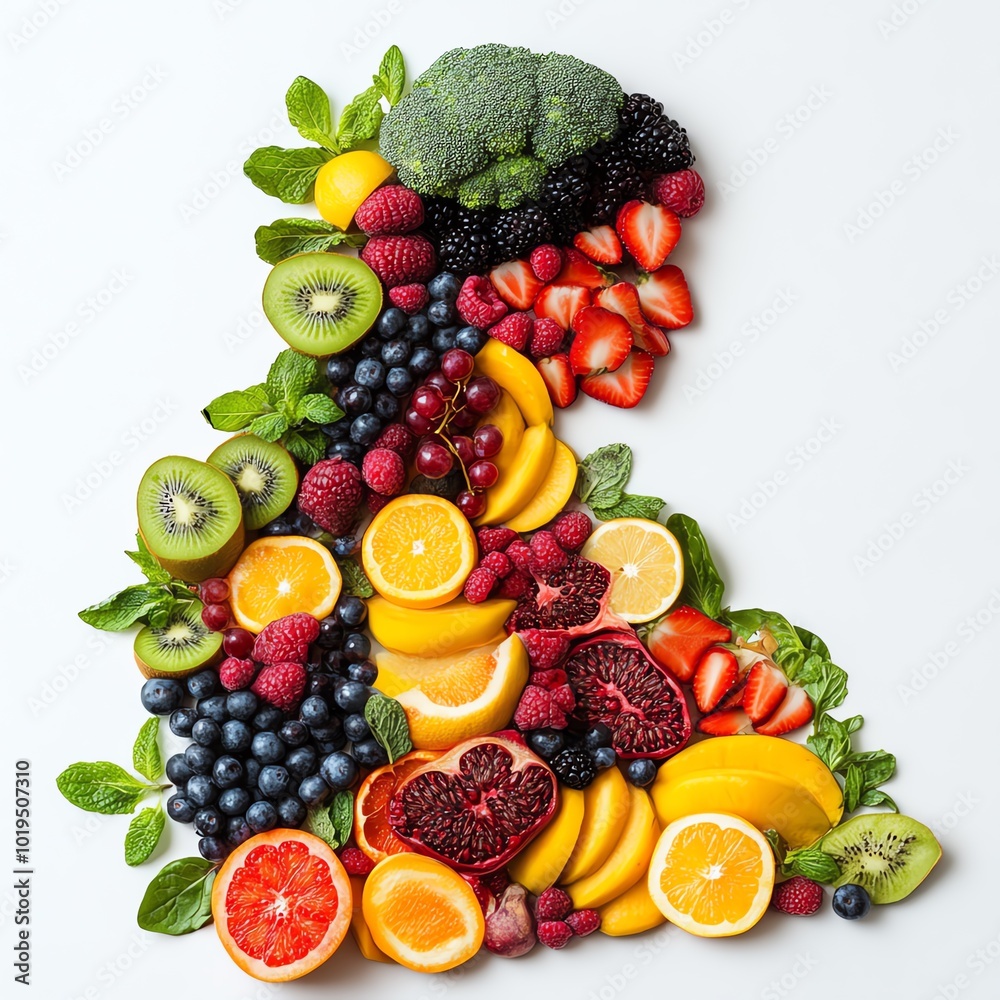 Colorful arrangement of fruits and vegetables, white isolate background