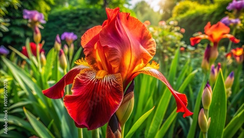 Vibrant Red Iris Flower Blooming in a Garden Setting with Lush Green Leaves and Natural Light