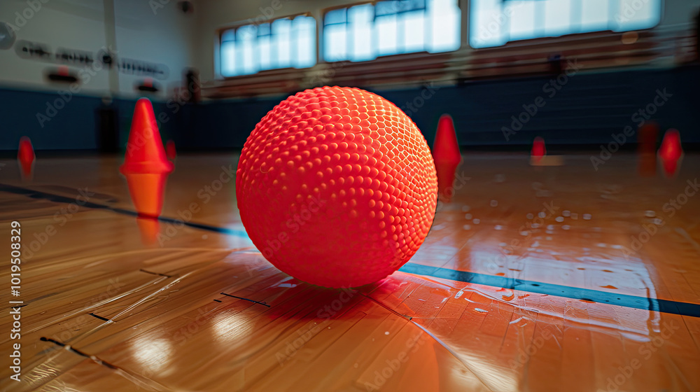 Textured red dodgeball bouncing on polished floor, reflections and court lines in the background.