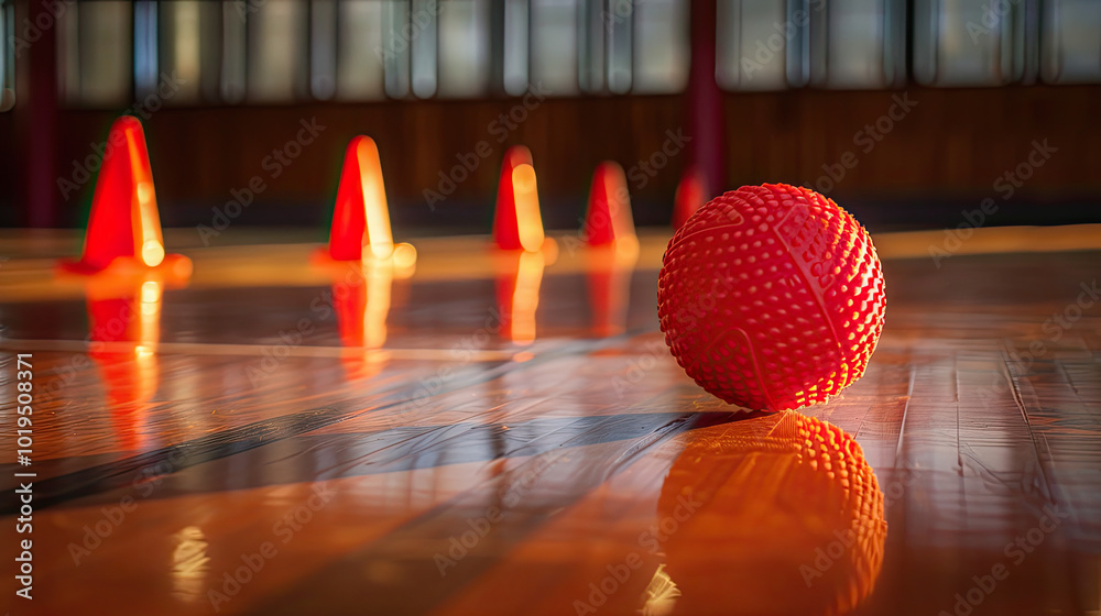 Red dodgeball in motion, blurred for speed, reflections on gym floor, cones and lines visible behind.