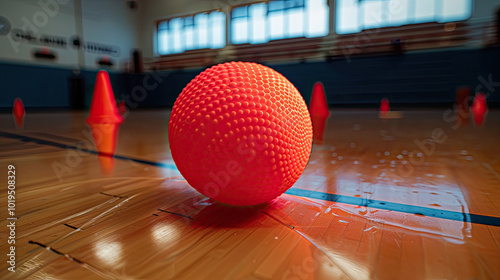 Obraz na płótnie Textured red dodgeball bouncing on polished floor, reflections and court lines in the background. w salonie
