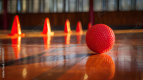 Red dodgeball in motion, blurred for speed, reflections on gym floor, cones and lines visible behind.