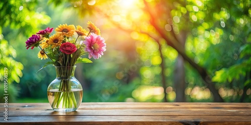 A vibrant bouquet of blooming flowers in a glass vase resting on a weathered wooden table against a backdrop of sun-drenched foliage.