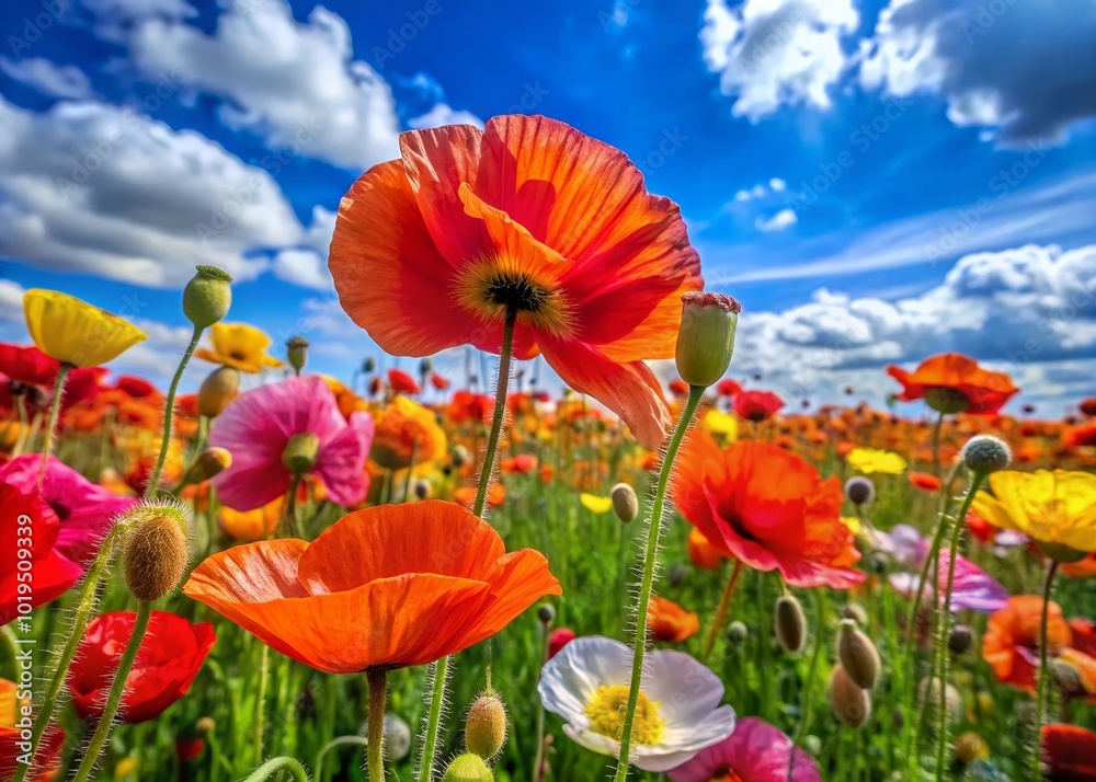 Obraz premium Vibrant Shirley Poppy Blooms in a Field Under Bright Blue Sky Capturing Nature's Beauty and Serenity