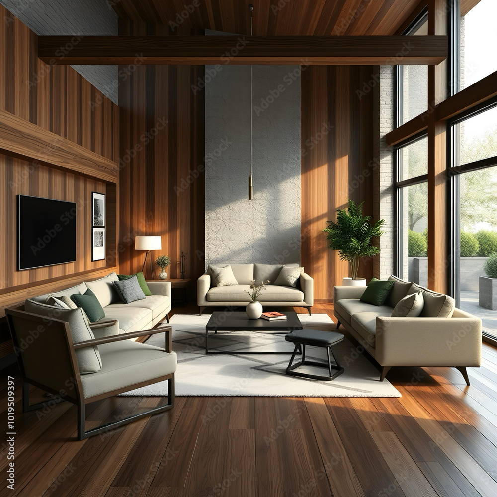 Fototapeta premium Modern living room, wood, and stone, minimalist style furniture with clean-lined sofas and chairs, a geometric area rug defining the seating area, large windows, potted plant Intricate,Sharp Focus