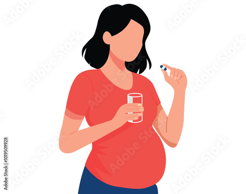Pregnant woman takes a supplement flat vector illustration 