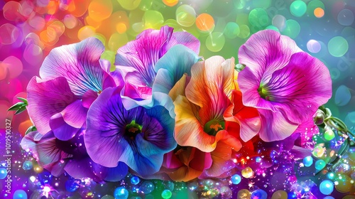 Vibrant rainbow flowers with bokeh create stunning visual display, showcasing blend of colors and textures that evoke joy and beauty. colorful petals stand out against dreamy background