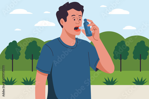 Man uses an asthma inhaler against attack. flat vector illustration